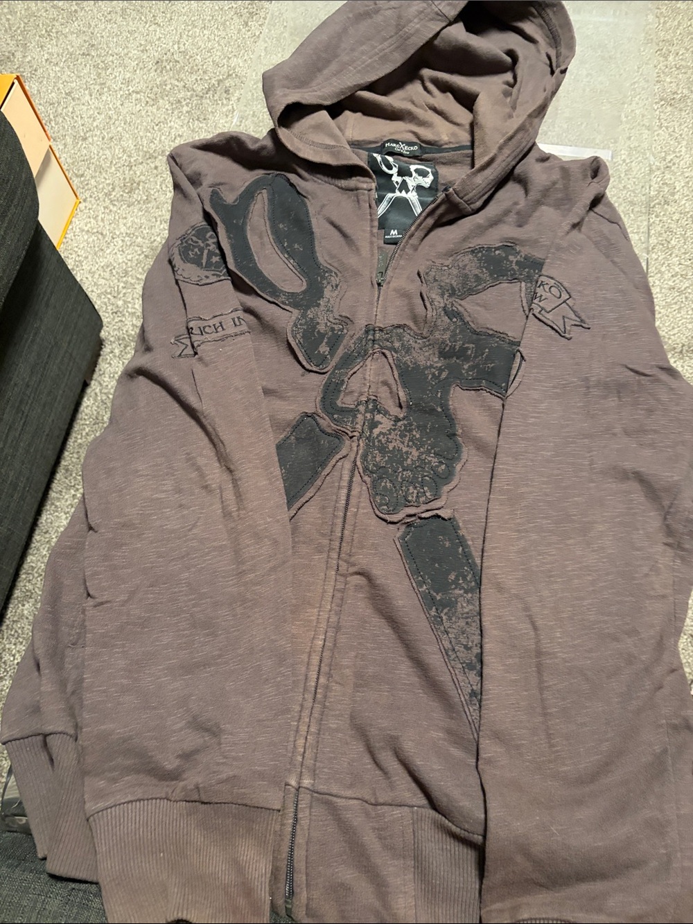Marc Ecko Brown Hooded Zip Sweatshirt with Black Skull Graphic